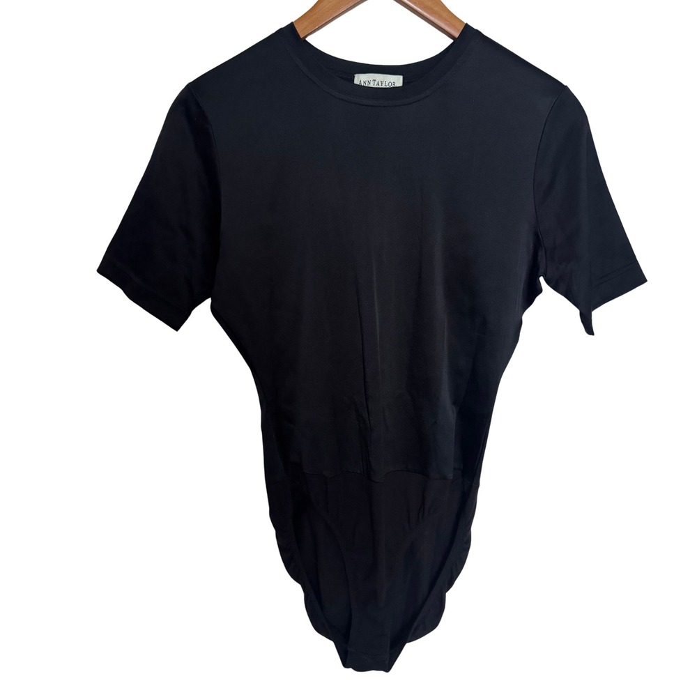 Ann Taylor Womens Black Short Sleeve Crew Neck Snap Closure Bodysuit Size Small